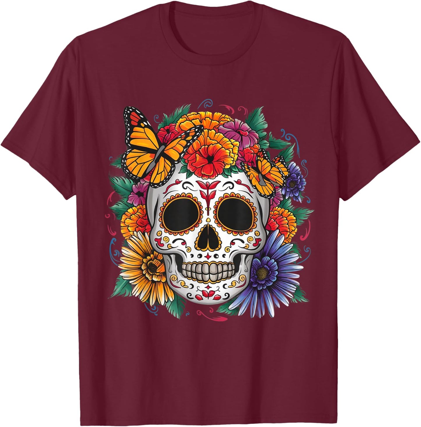 Sugar Skull Butterfly Day of Dead Halloween Dia De Muertos T-Shirt - T-Shirt | Maroon