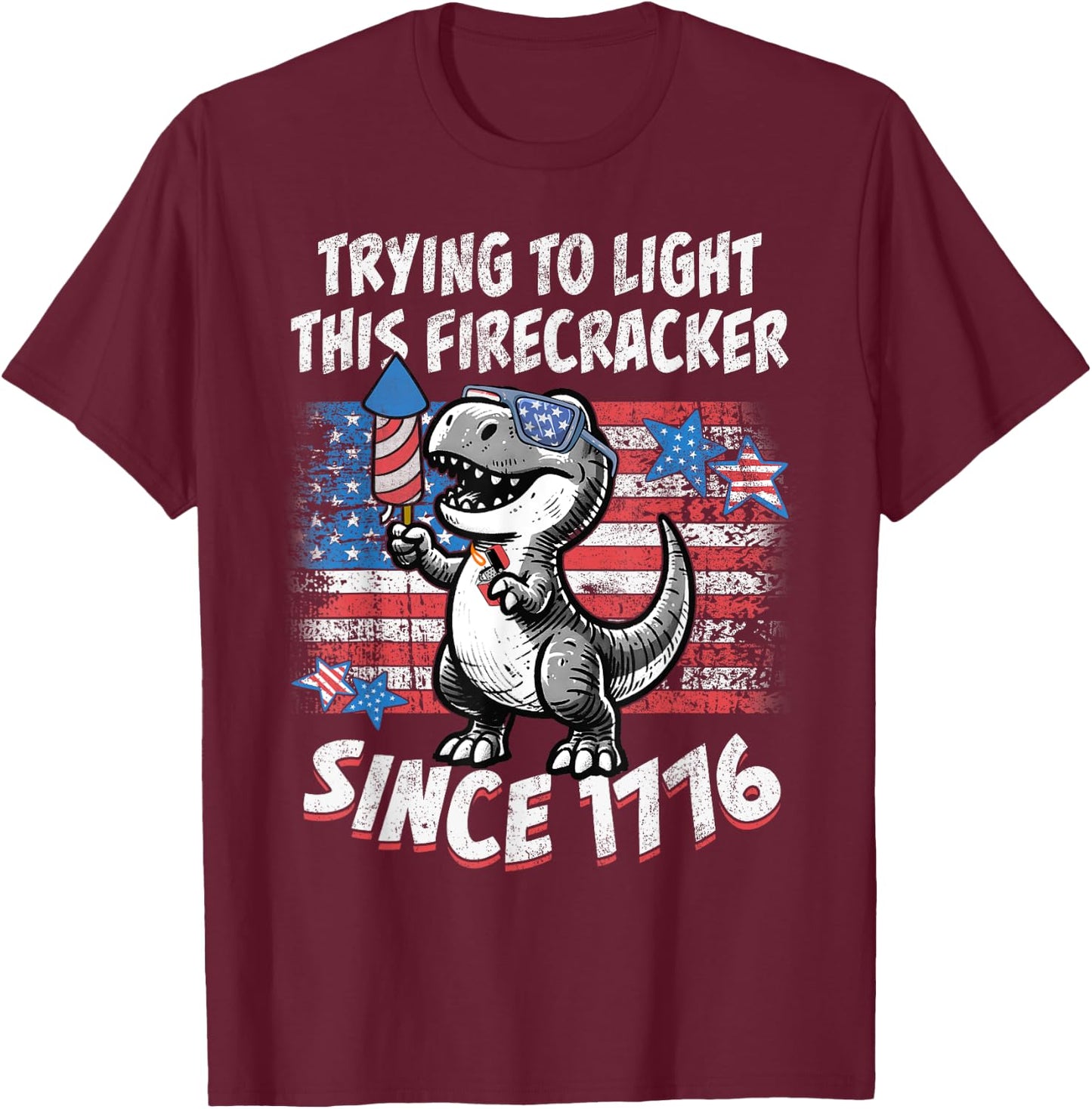 Funny Dino American Flag Firework T Rex Dinosaur 4th of July T-Shirt - T-Shirt | Maroon