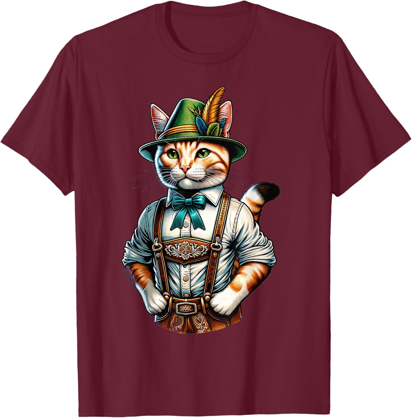 Oktoberfest Cat Funny German Bavarian Lederhosen Cat Lover T-Shirt - T-Shirt | Maroon