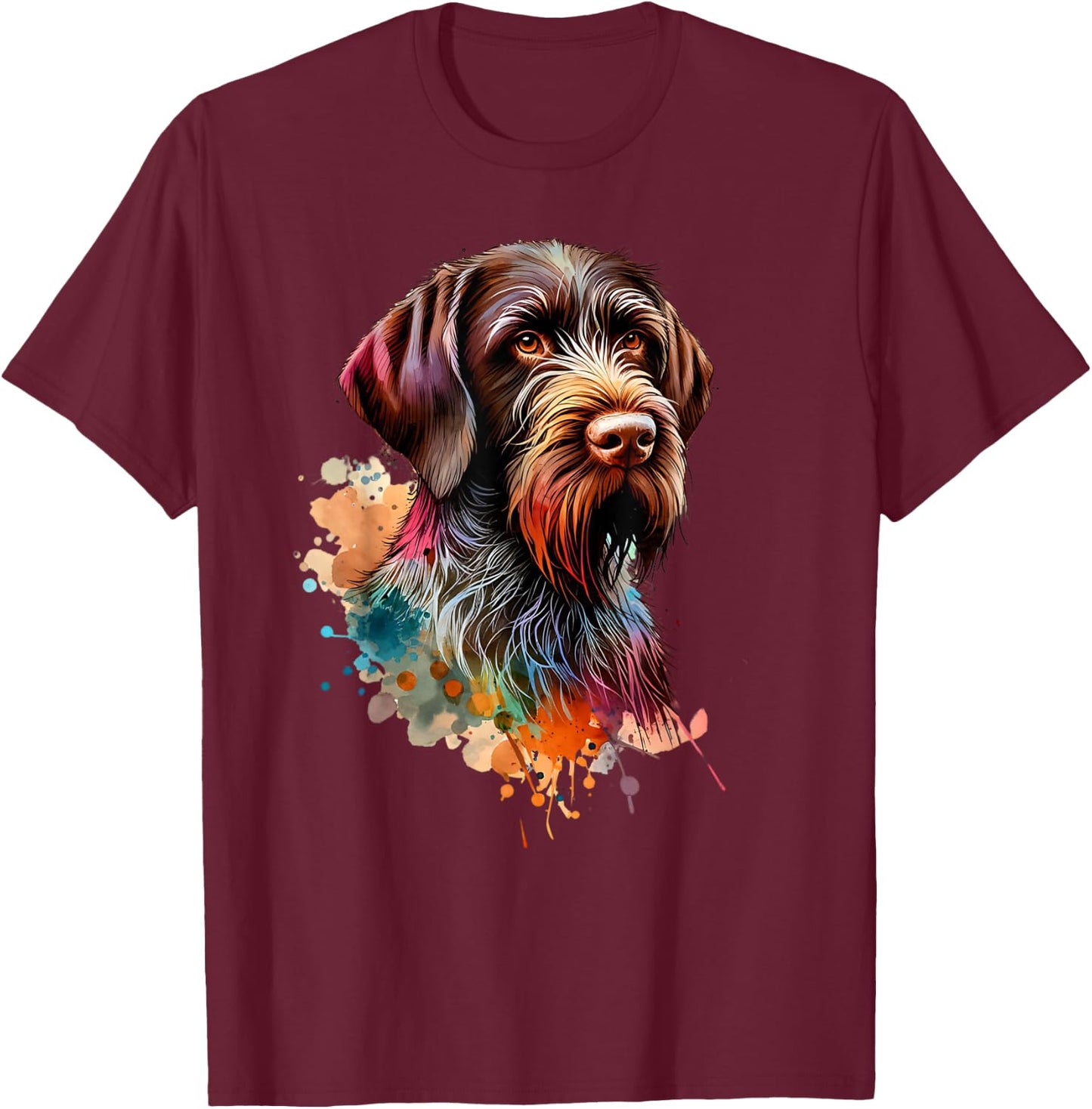 German Wirehaired Pointer Dog Watercolor Artwork T-Shirt - T-Shirt | Maroon