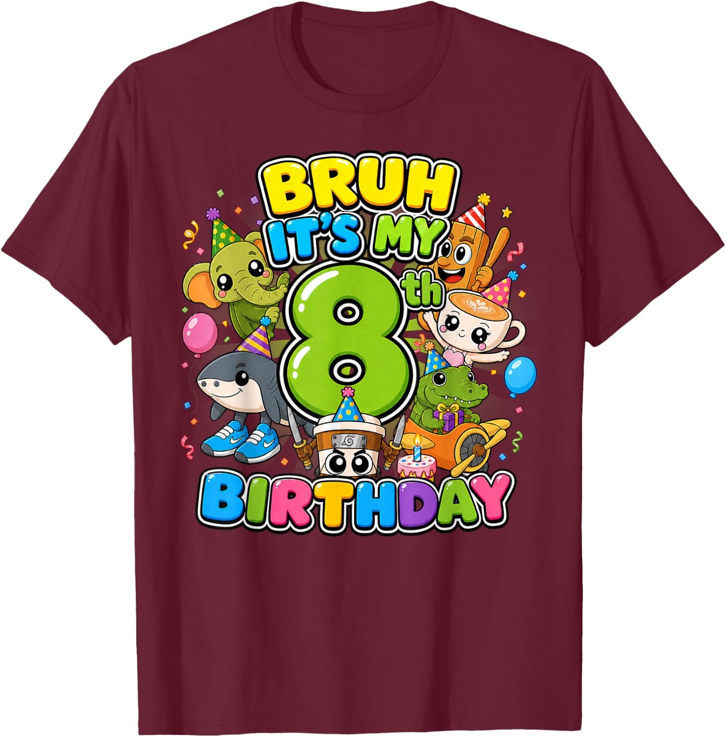 Bruh It’s My 8th Birthday Cute Baby Brainrot Kids Birthday T-Shirt - T-Shirt | Maroon