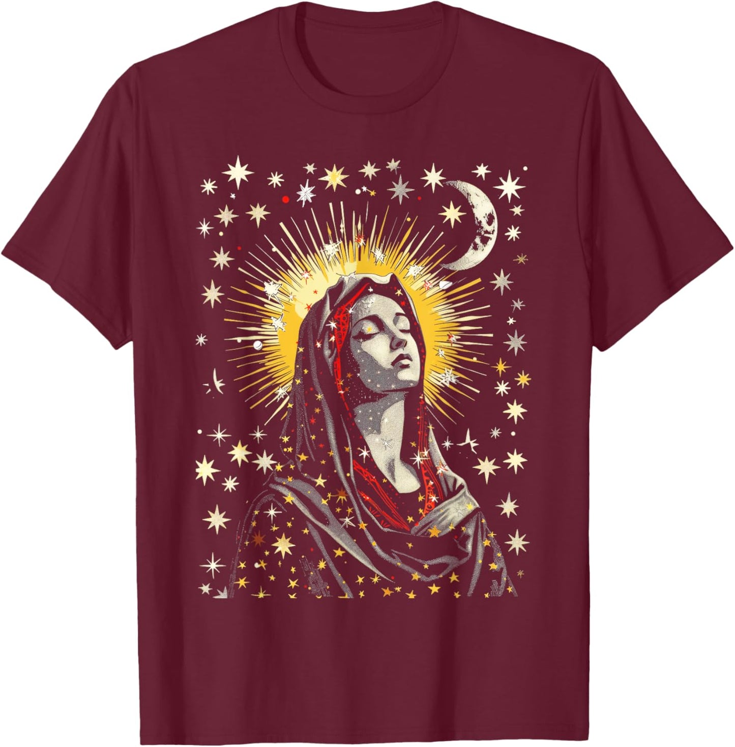 Virgin Mary Stars Moon Religious Saint Catholic T-Shirt - T-Shirt | Maroon