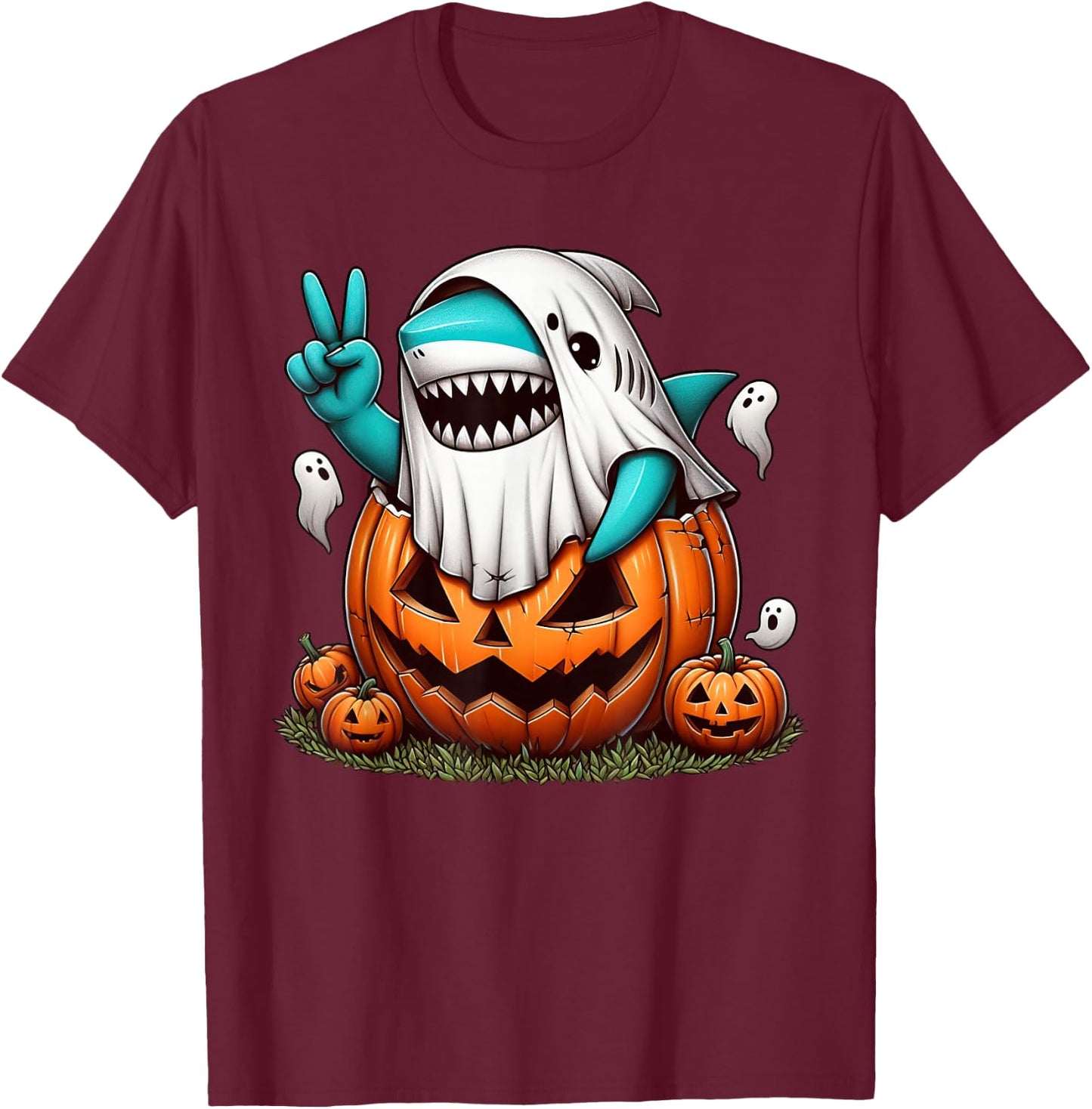 Funny Shark Boo Halloween Ghost Kids T-Shirt - T-Shirt | Maroon