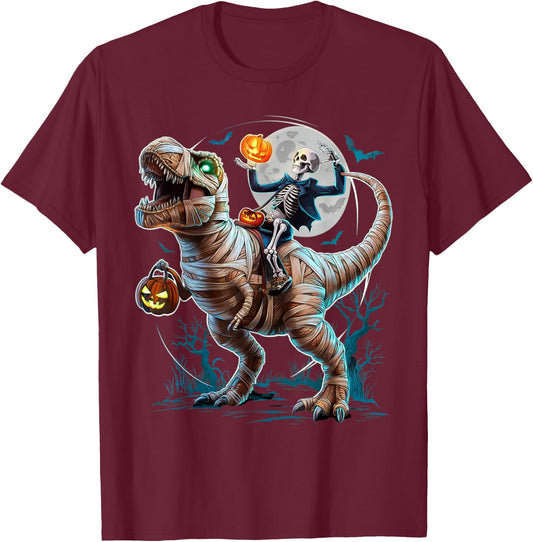 Skeleton Riding Mummy Pumpkin T Rex Dinosaur Funny Halloween T-Shirt - T-Shirt | Maroon