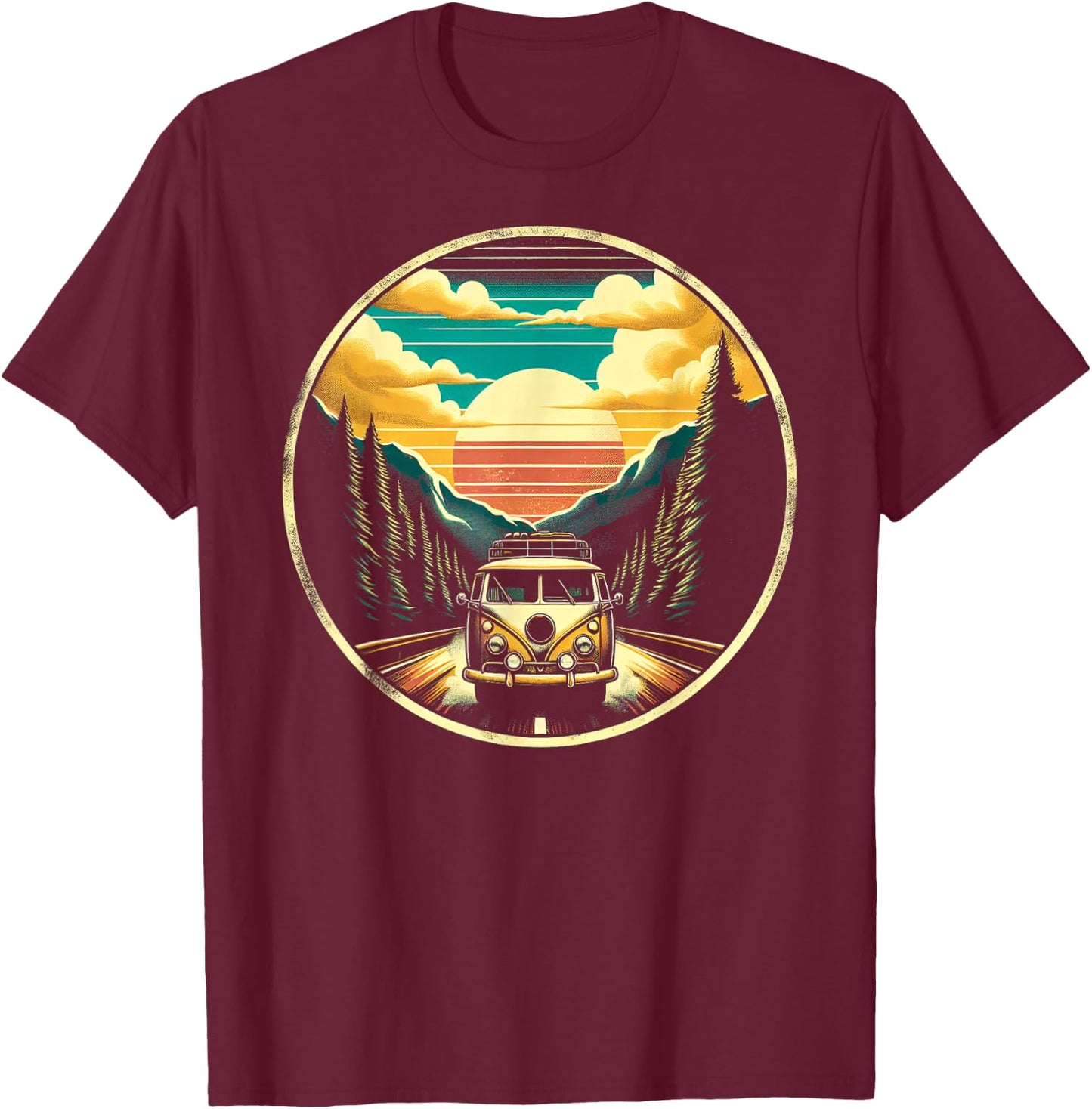 Wanderlust Wonders Retro Van Scenic Adventure , Small, Black T-Shirt - T-Shirt | Maroon