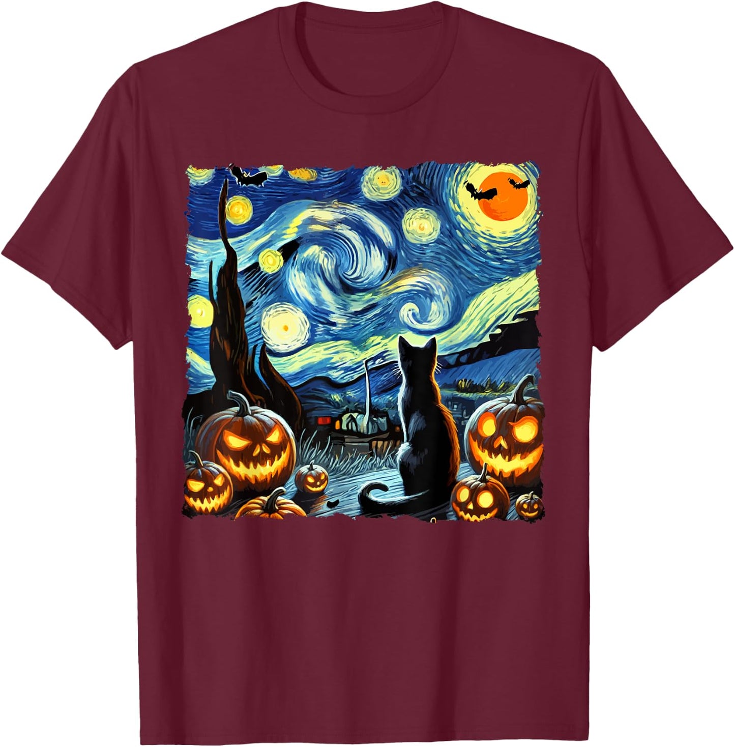 Halloween Van Gogh Starry Night Black Cat Men Women Kids T-Shirt - T-Shirt | Maroon