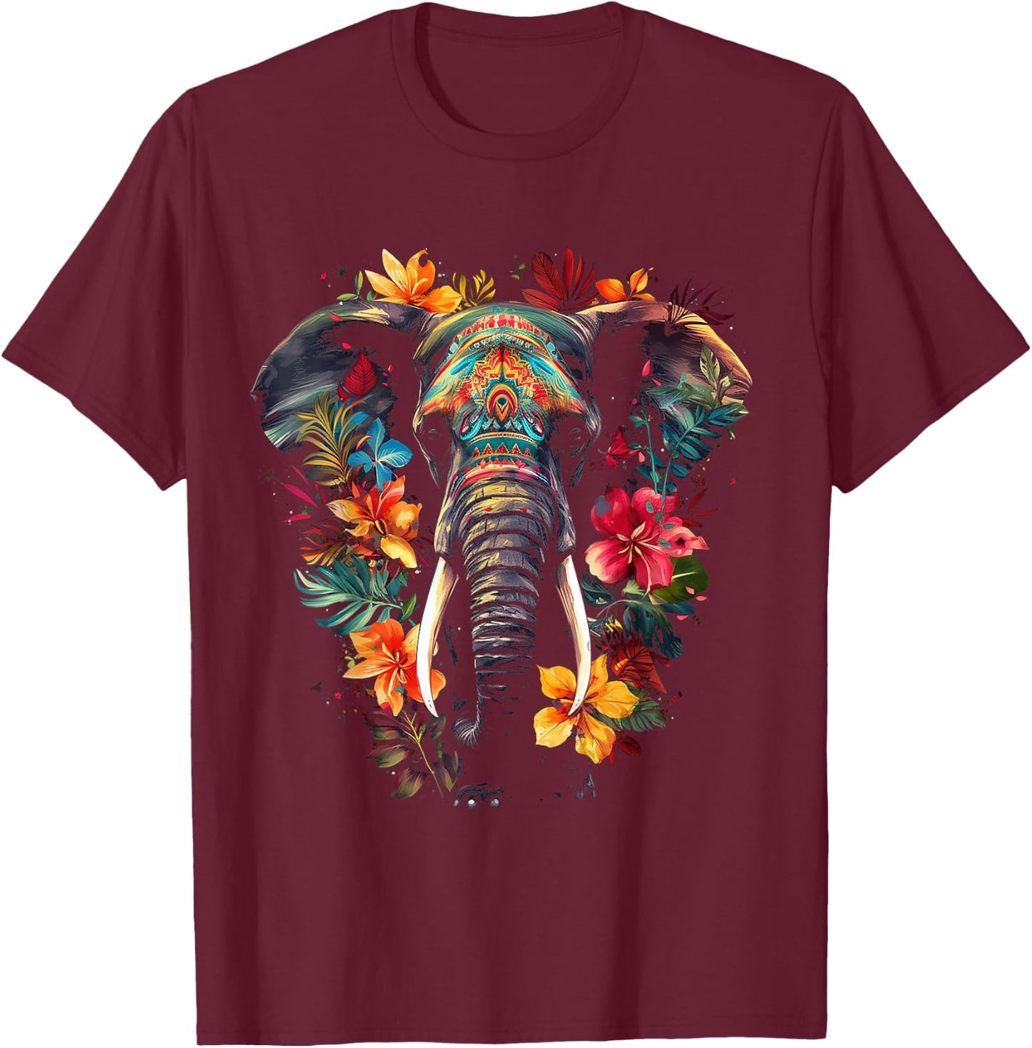 Elephant Flower Animal Graphic Artwork Elephant T-Shirt - T-Shirt | Maroon