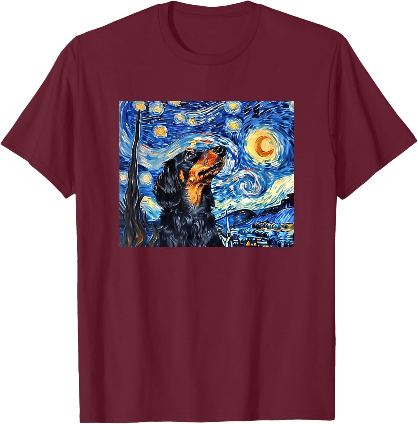 Funny Starry Night Black Long Haired Dachshund Lover T-Shirt - T-Shirt | Maroon
