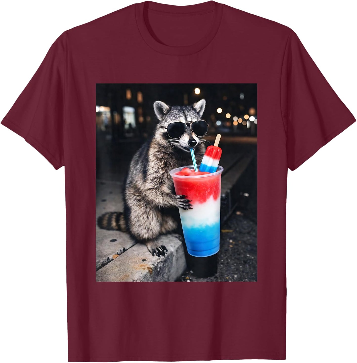 4th of July Raccoon Drinking Patriotic Slushie Popsicle Meme T-Shirt - T-Shirt | Maroon