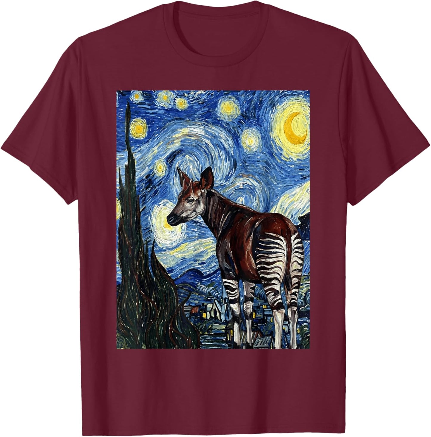 Okapi Starry Night Van Gogh Style Painting T-Shirt - T-Shirt | Maroon
