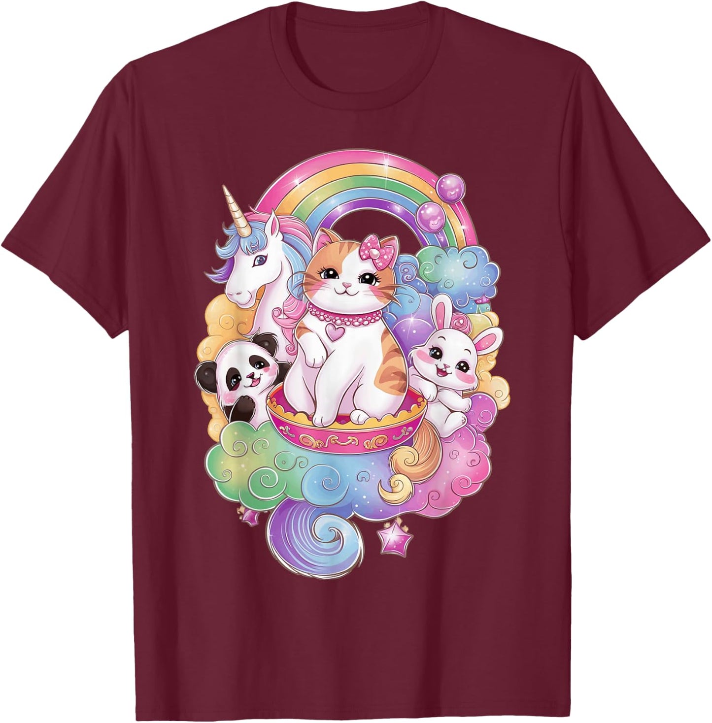 Cute Kawaii Cat Unicorn Panda Bunny Rainbow Anime Teen Kids T-Shirt - T-Shirt | Maroon