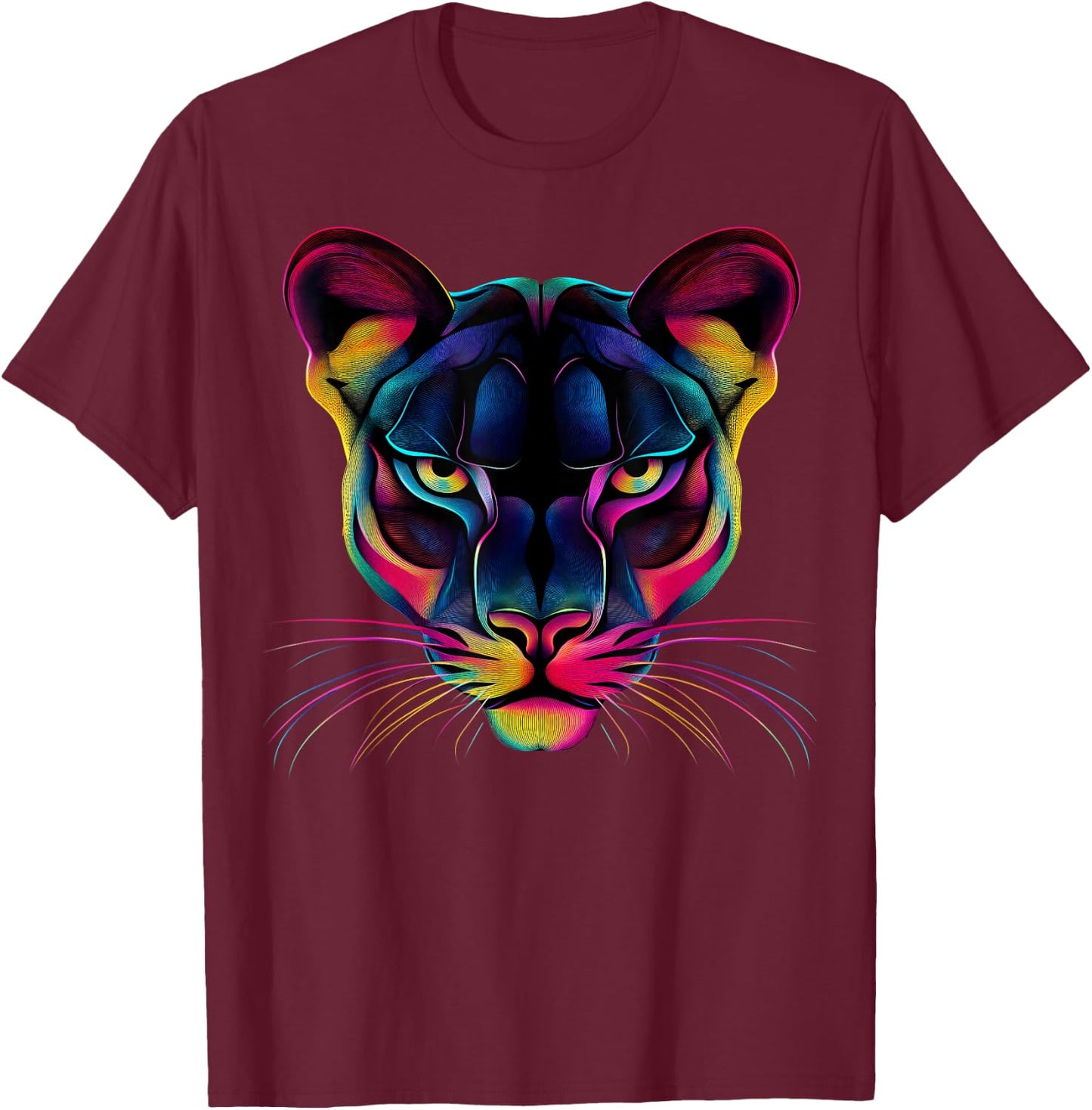 Colorful Mountain Lion Face Wild Animal Big Cats Lover Black T-Shirt - T-Shirt | Maroon