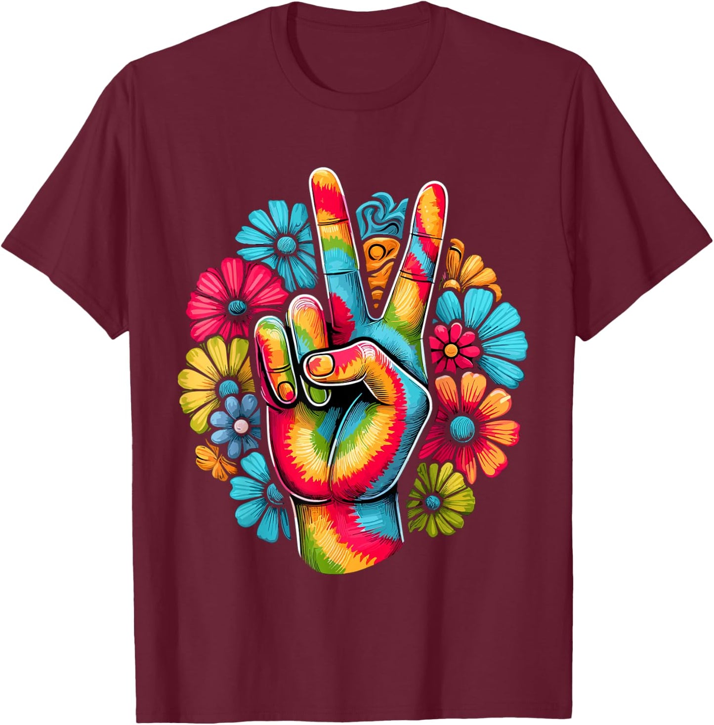 Love and Peace Tie Dye Flower Hippie T-Shirt - T-Shirt | Maroon