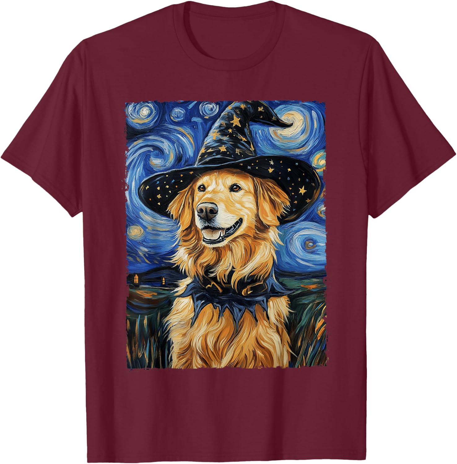 Golden Retriever Witch Costume Painting Starry Night Dog Women Kids T-Shirt - T-Shirt | Maroon
