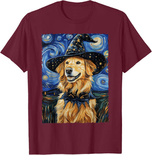 Golden Retriever Witch Costume Painting Starry Night Dog Women Kids T-Shirt - T-Shirt | Maroon
