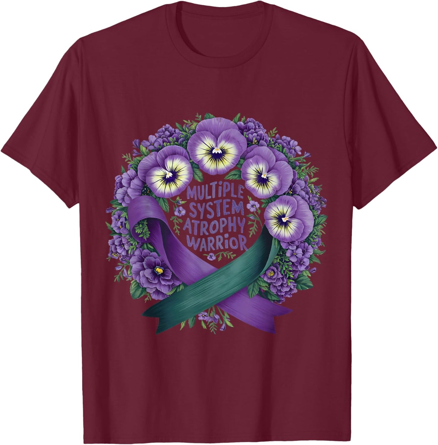 multiple system atrophy Awareness purple floral and ribbon T-Shirt - T-Shirt | Maroon