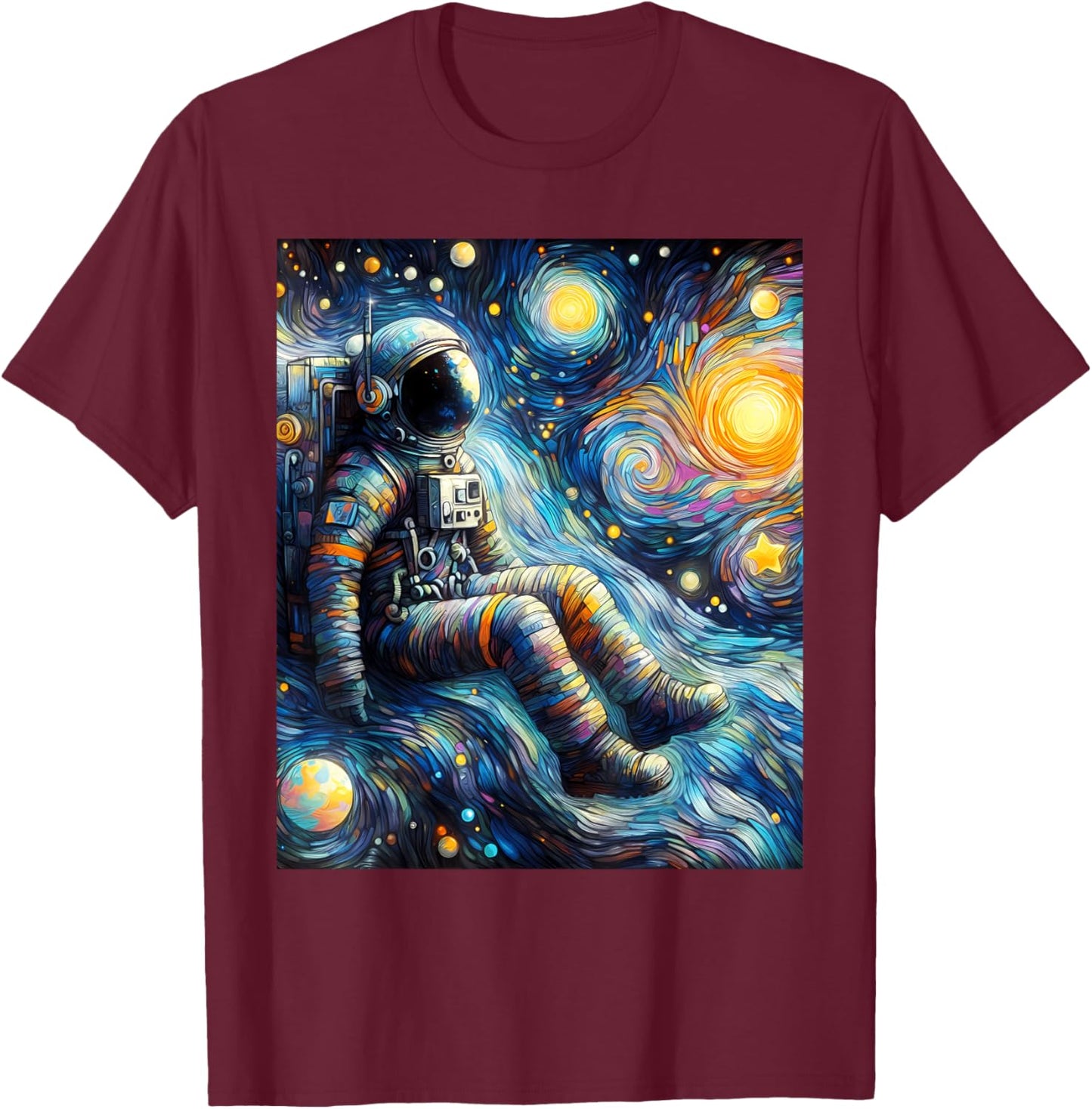 Astronaut Space Planets Starry Night Painting T-Shirt - T-Shirt | Maroon