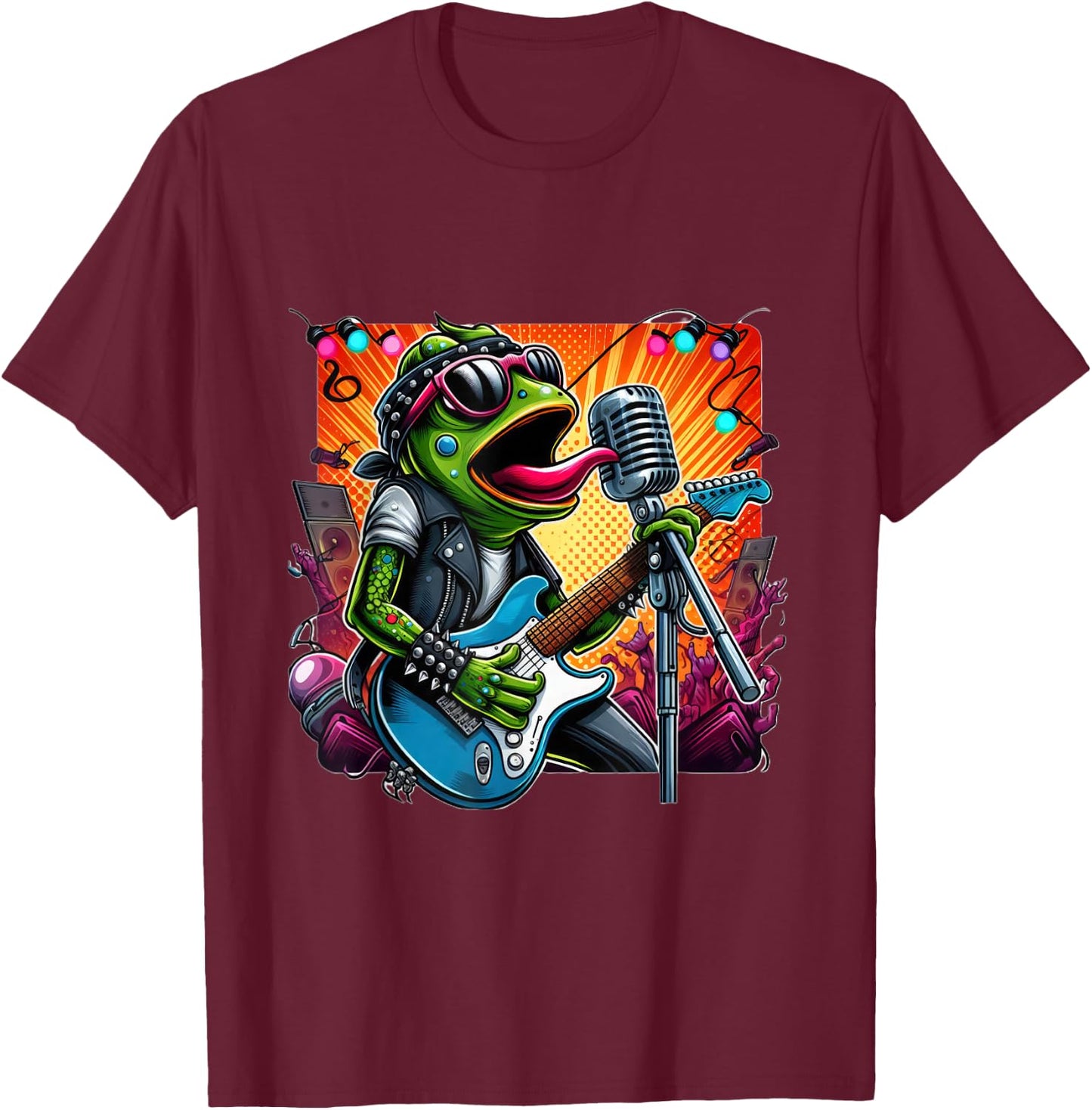 Punk Rock Star Frog Shredding Electric Guitar Vibrant Lights T-Shirt - T-Shirt | Maroon