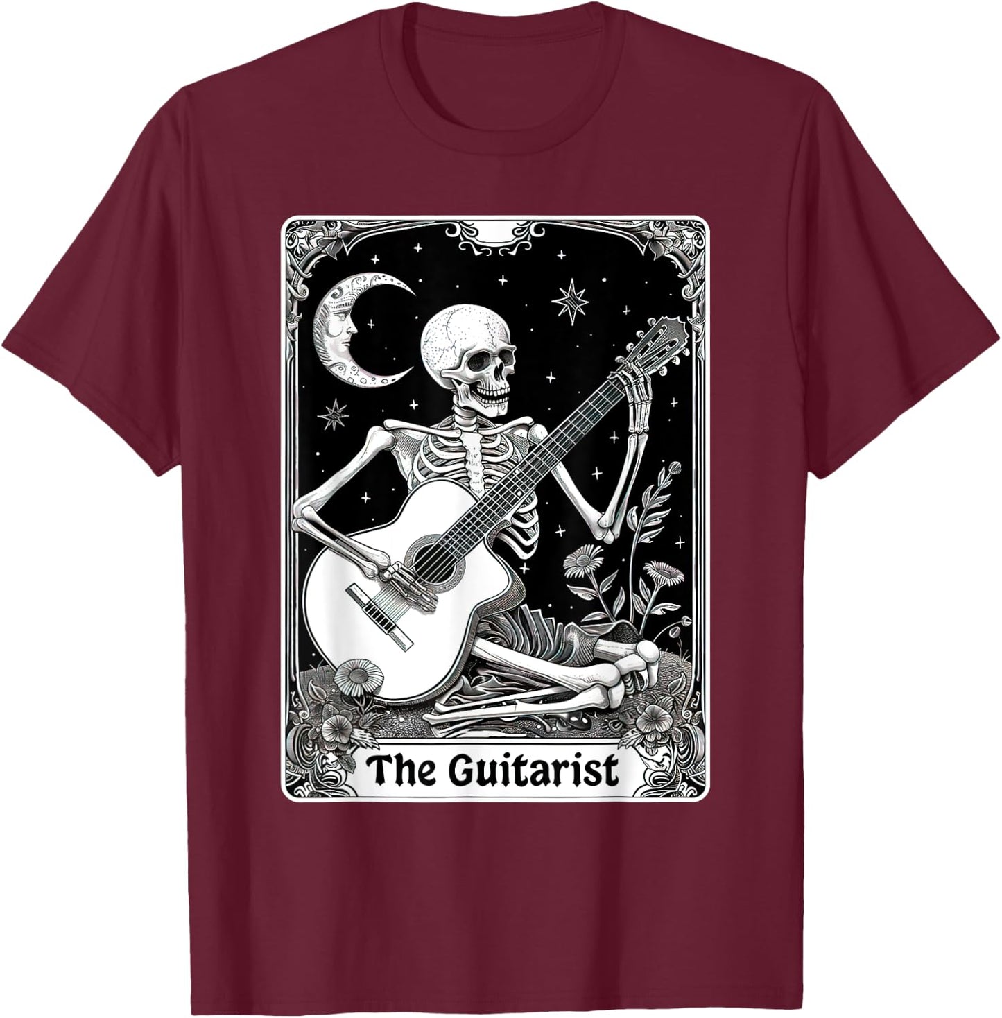 The Guitarist Tarot Card Funny Skeleton Playing Guitar T-Shirt - T-Shirt | Maroon