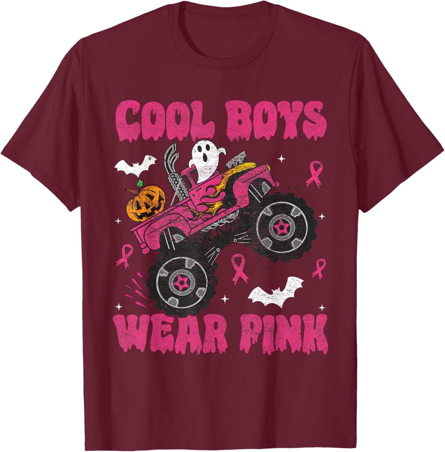 Cool Boys Wear Pink Monster Truck Halloween Breast Cancer T-Shirt - T-Shirt | Maroon
