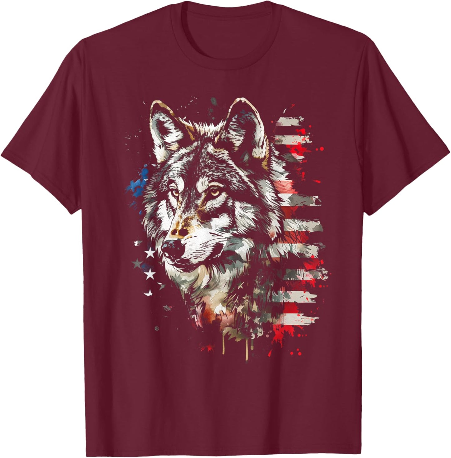 Patriotic Wolf American Flag USA Wolf Lover Women Kids Men T-Shirt - T-Shirt | Maroon