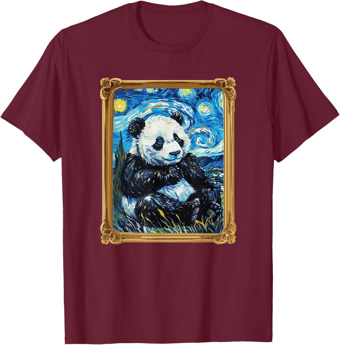 Starry Night Famous Painting Panda T-Shirt - T-Shirt | Maroon