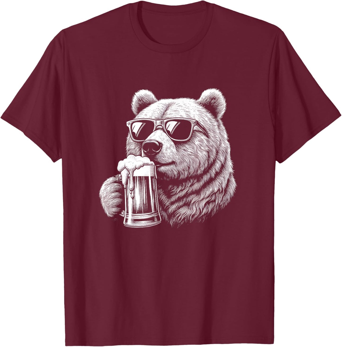 Bear Drinking Beer With Sunglasses Graphic Art Design T-Shirt - T-Shirt | Maroon