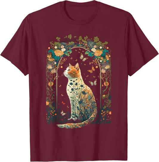 Cute Cottagecore Aesthetic Cat Nature Garden Lover Women T-Shirt - T-Shirt | Maroon