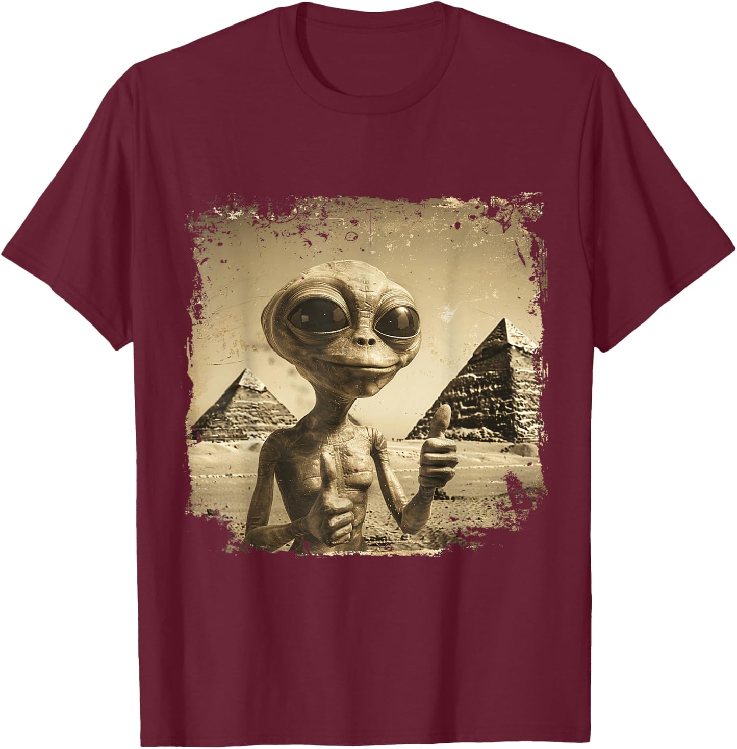 Alien Face Ancient Pyramids Thumbs Sci-Fi Egypt T-Shirt - T-Shirt | Maroon