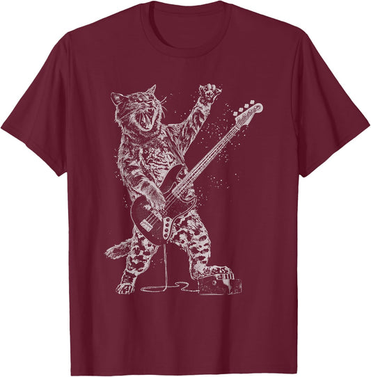 Cat Playing Bass Guitar Shirt Animal Playing Guitar T-Shirt - T-Shirt | Maroon