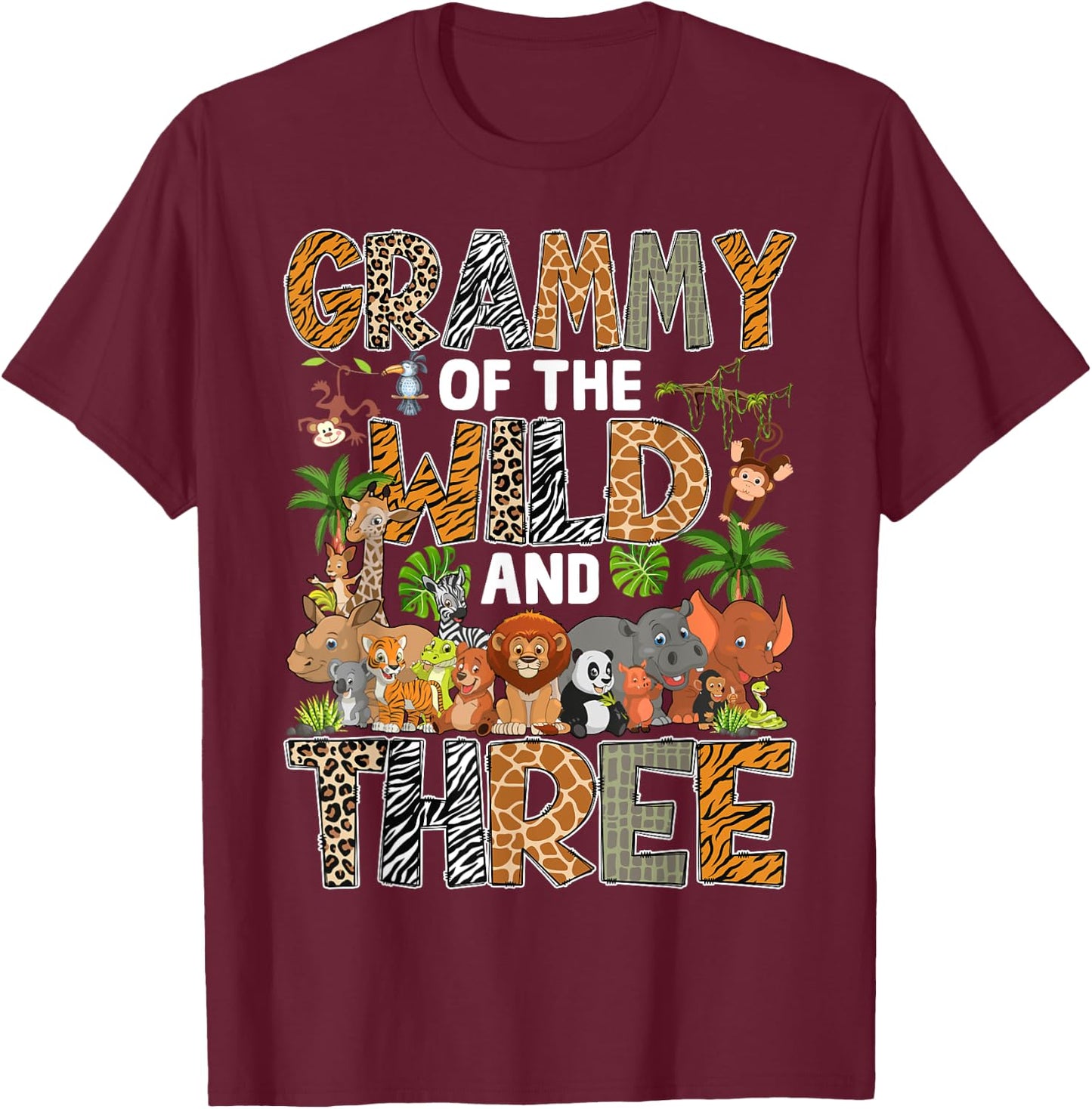 Grammy Of The Wild Three Zoo Birthday Safari Jungle T-Shirt - T-Shirt | Maroon