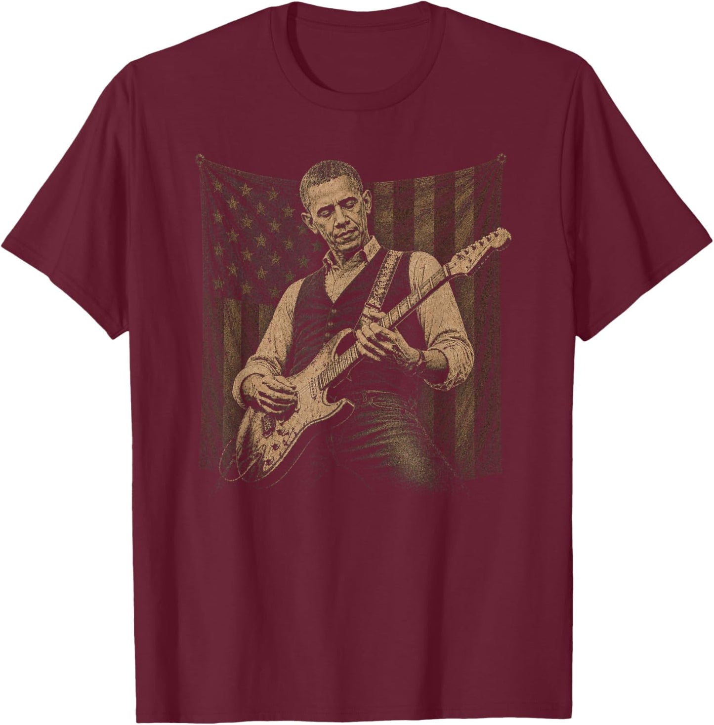 Barack Obama Playing Guitar Patriotic American Rock Music T-Shirt - T-Shirt | Maroon