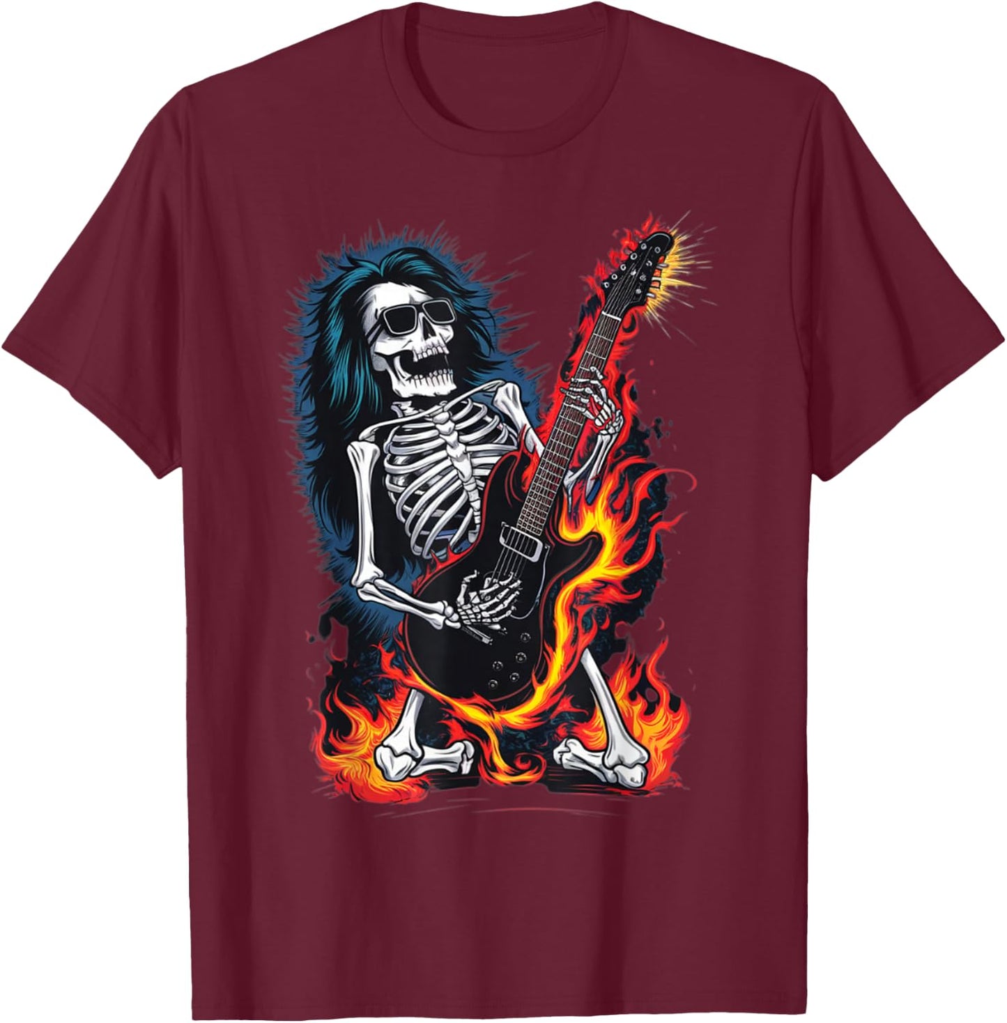 Skeleton Playing Guitar - Rock and Roll Band T-Shirt - T-Shirt | Maroon