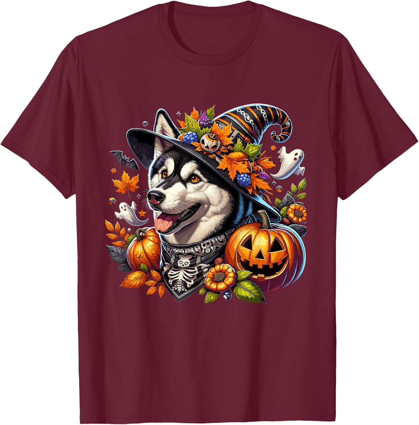 Halloween Siberian Husky Fall Leaves Autumn Pumpkin Ghost T-Shirt - T-Shirt | Maroon