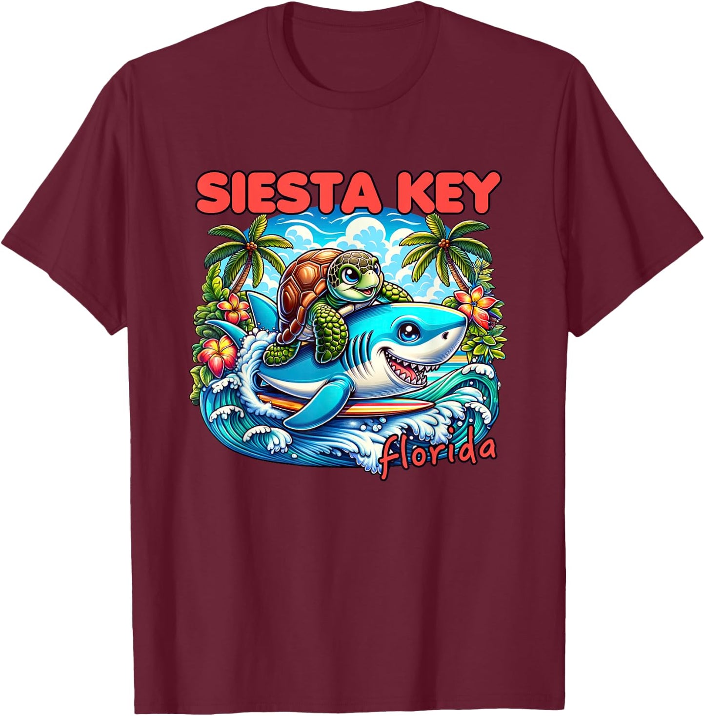 Siesta Key Florida Beach Turtle and Shark T-Shirt - T-Shirt | Maroon