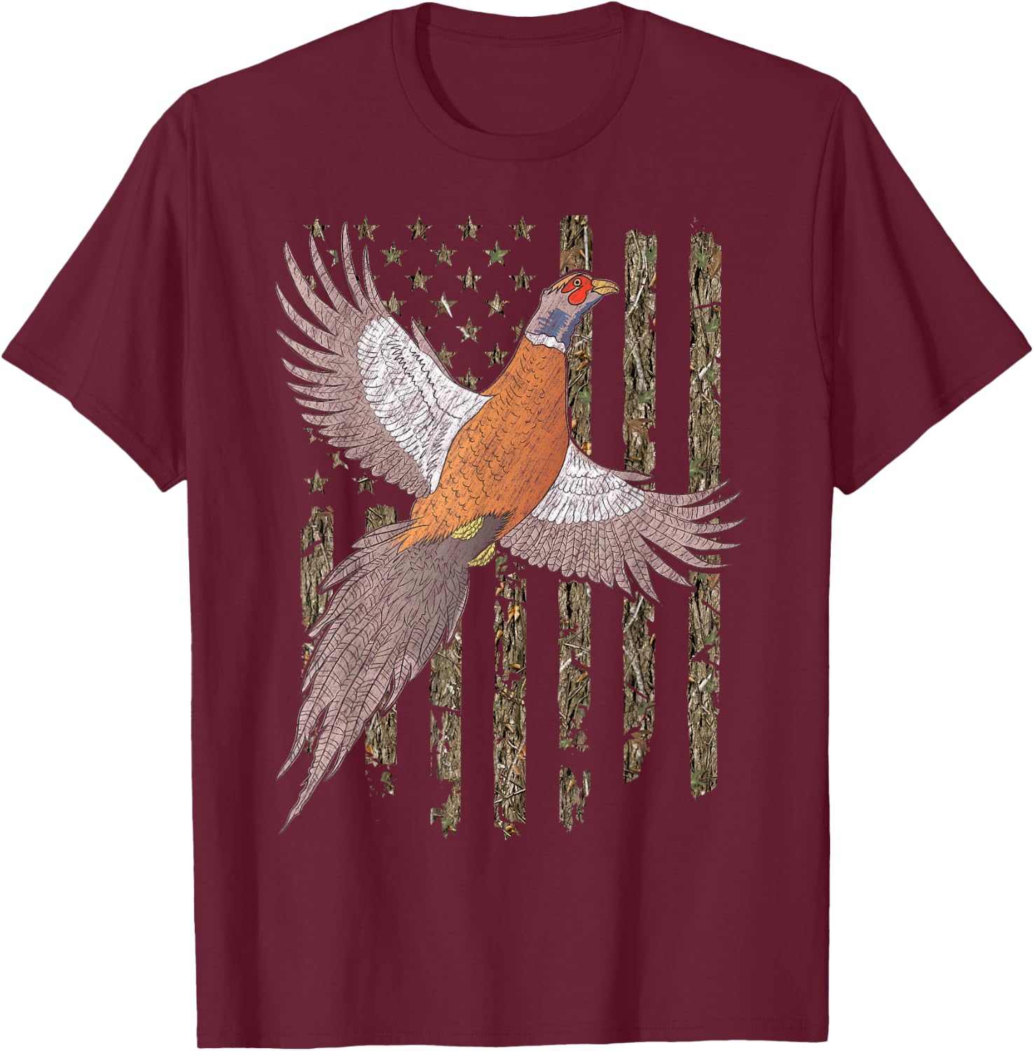 Pheasant Bird Hunting Usa American Flag Tree Camouflage T-Shirt - T-Shirt | Maroon