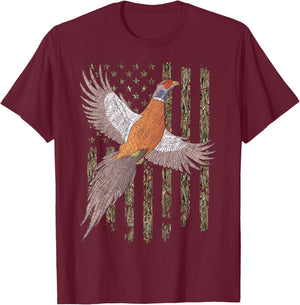 Pheasant Bird Hunting Usa American Flag Tree Camouflage T-Shirt - T-Shirt | Maroon