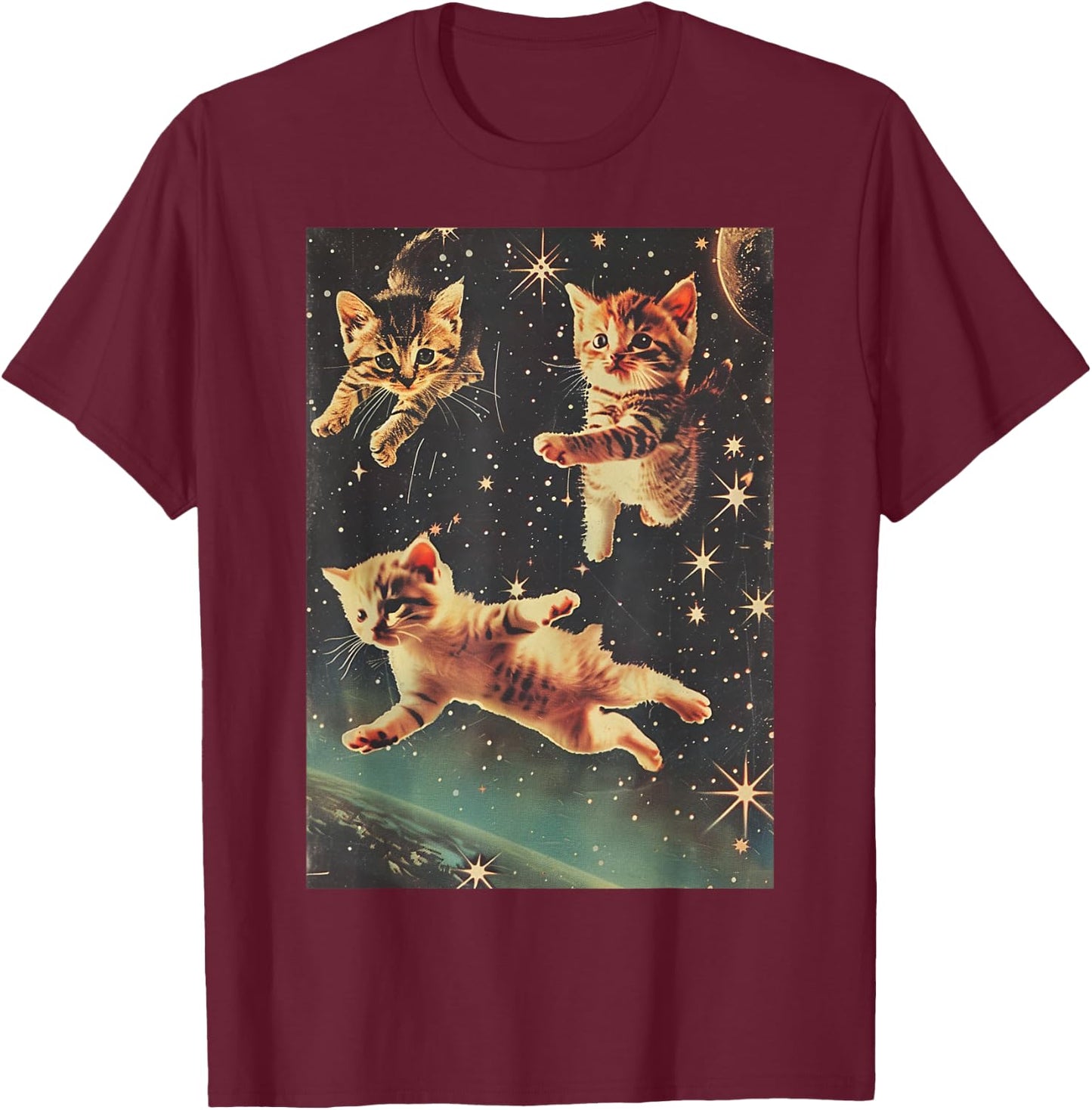 Funny Cat Kittens in Space Cute Retro Art Vintage T-Shirt - T-Shirt | Maroon