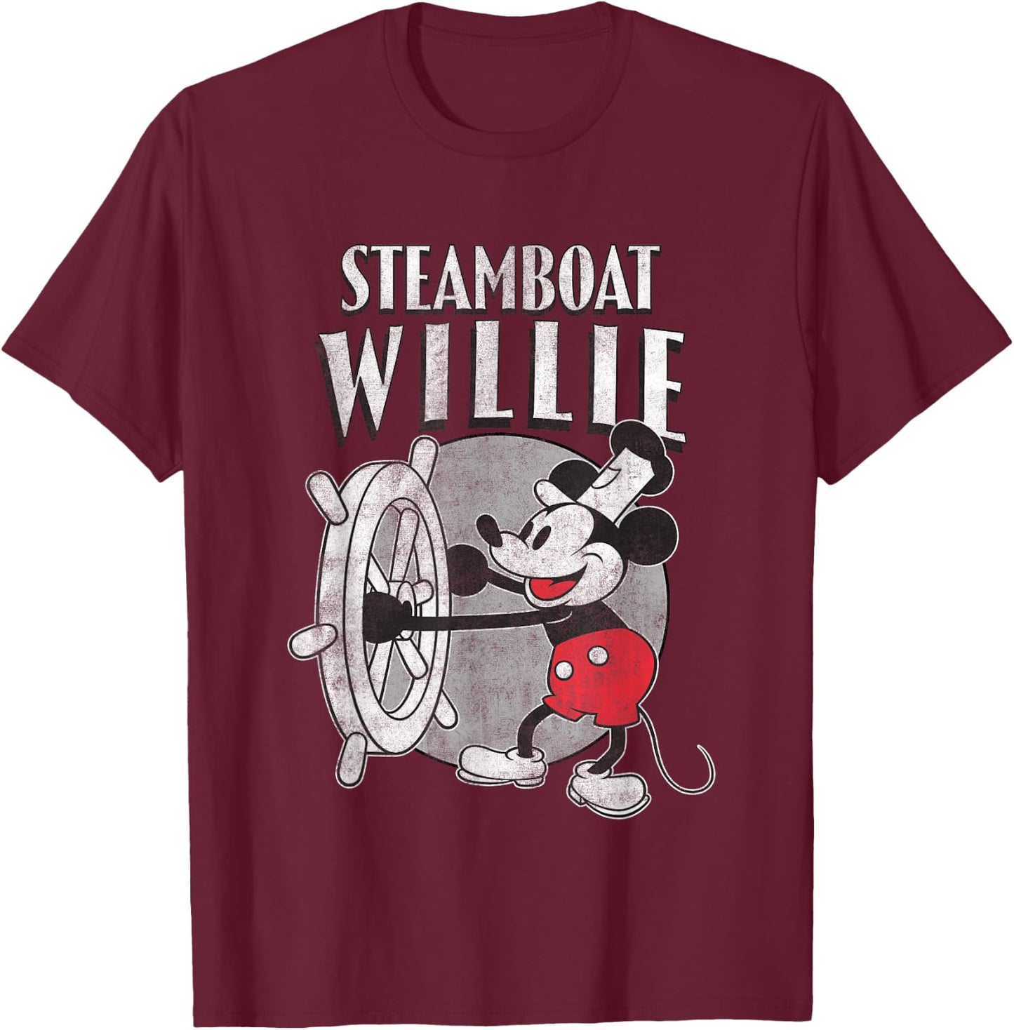 Disney Steamboat Willie Mickey Vintage Big Chest Poster T-Shirt - T-Shirt | Maroon