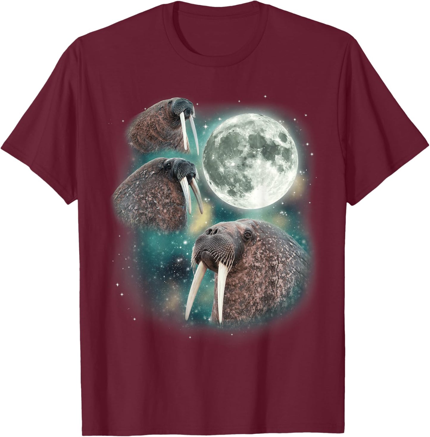 Three Walrus Moon | 3 Howling Walruses Pinniped Moon Parody T-Shirt - T-Shirt | Maroon