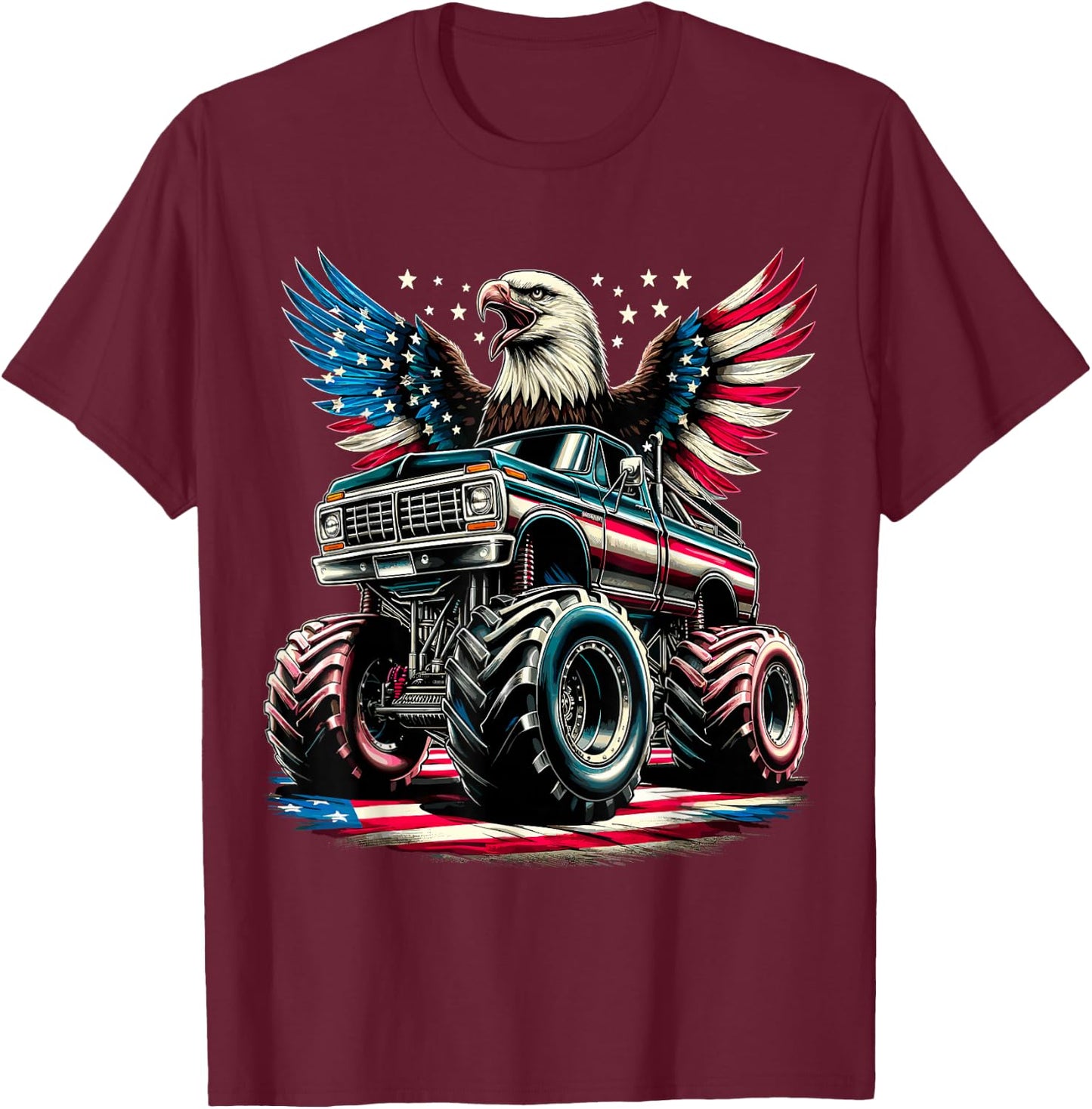 4th of July Boys Monster Truck Bald Eagle American Flag USA T-Shirt - T-Shirt | Maroon