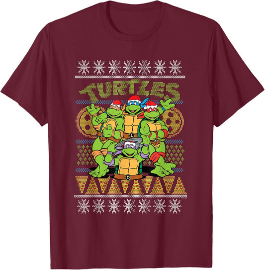 Teenage Mutant Ninja Turtles Ugly Christmas Pizza T-Shirt - T-Shirt | Maroon