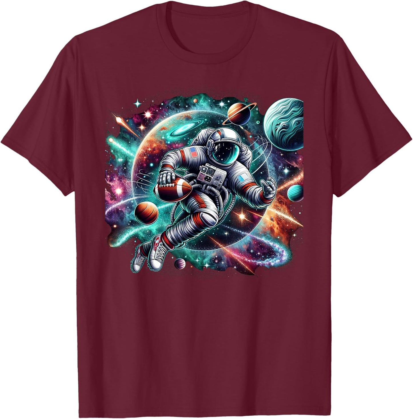 Cool Galaxy Football player Astronaut on American Football T-Shirt - T-Shirt | Maroon