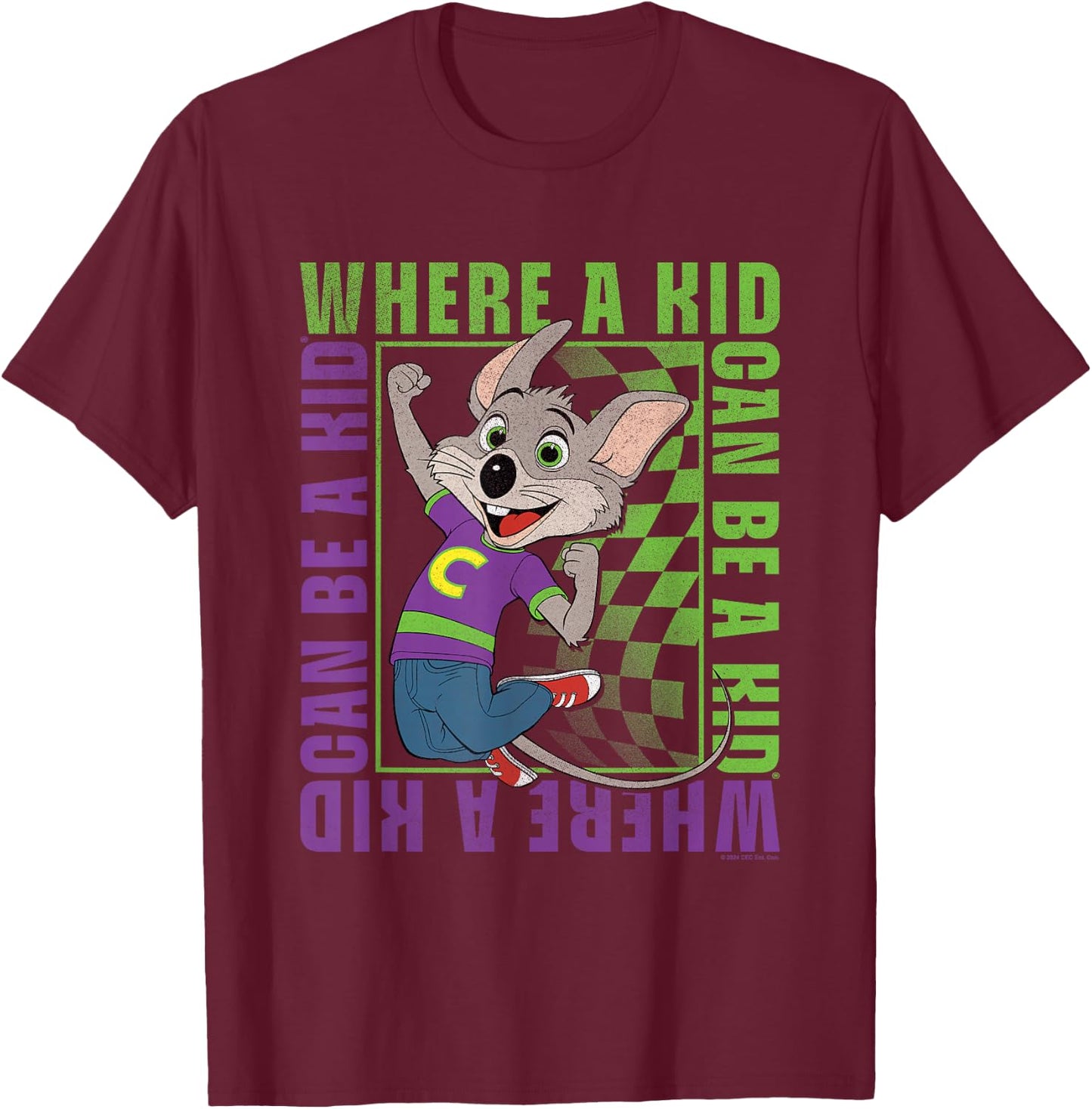 Chuck E. Cheese Where A Kid Can Be A Kid Modern Chuck Faded T-Shirt - T-Shirt | Maroon