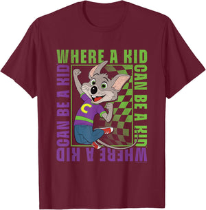 Chuck E. Cheese Where A Kid Can Be A Kid Modern Chuck Faded T-Shirt - T-Shirt | Maroon
