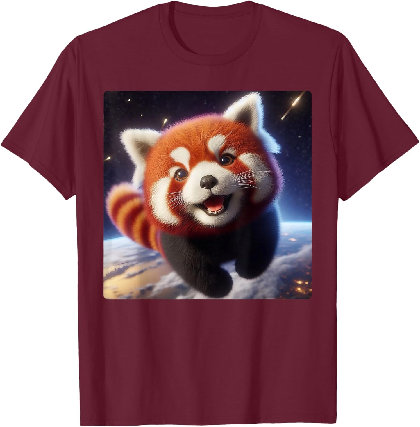 Cute and Happy Red Panda Flying in Space T-Shirt - T-Shirt | Maroon