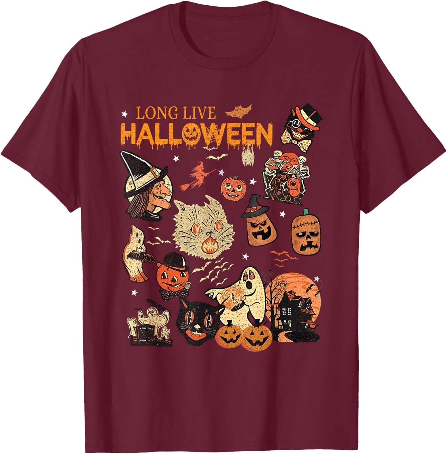 Long Live Halloween Vintage Pumpkin Witch Ghost Black Cat Men Women Kids T-Shirt - T-Shirt | Maroon