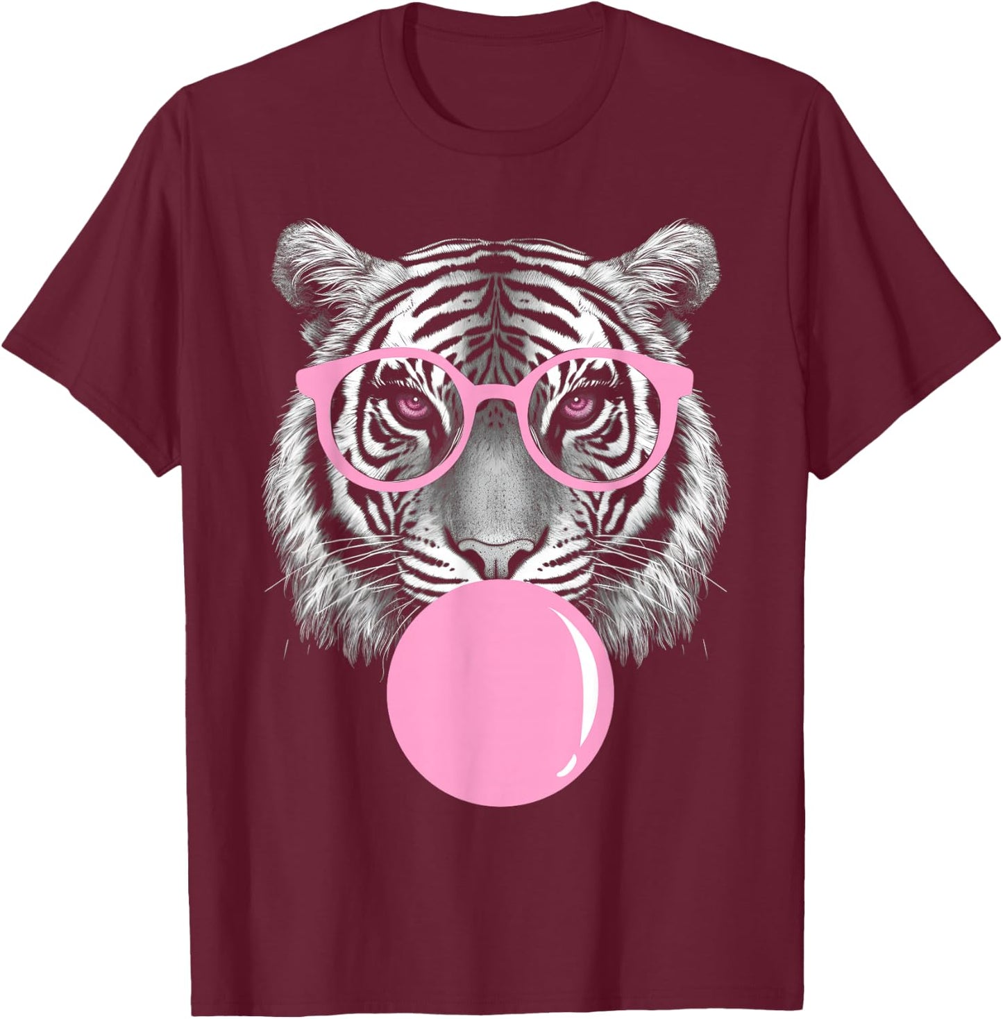 Funny Tiger Wearing Glasses and Blowing Pink Bubble Gum T-Shirt - T-Shirt | Maroon