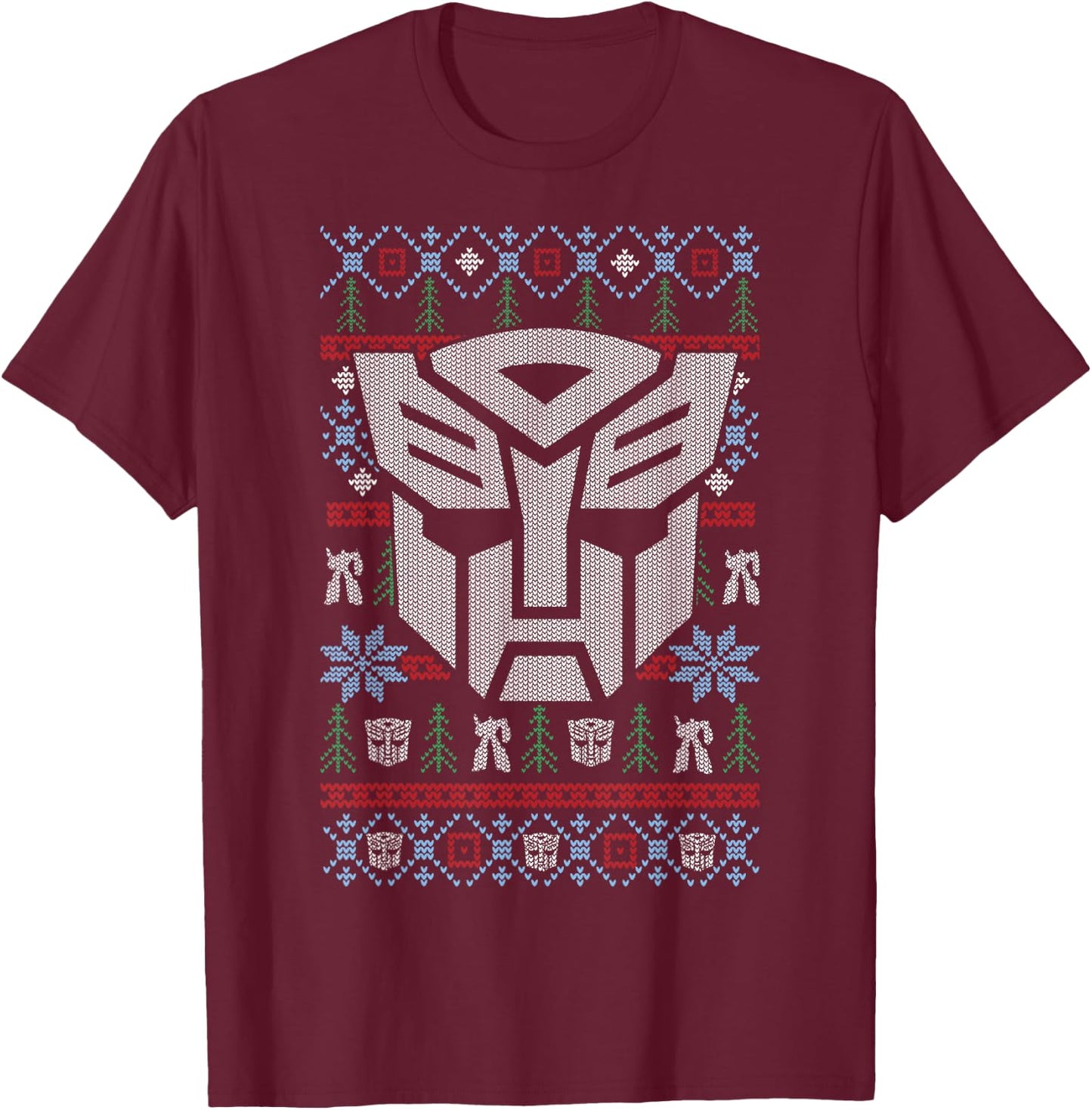 Transformers Christmas Autobots Retro Ugly Sweater Style T-Shirt - T-Shirt | Maroon