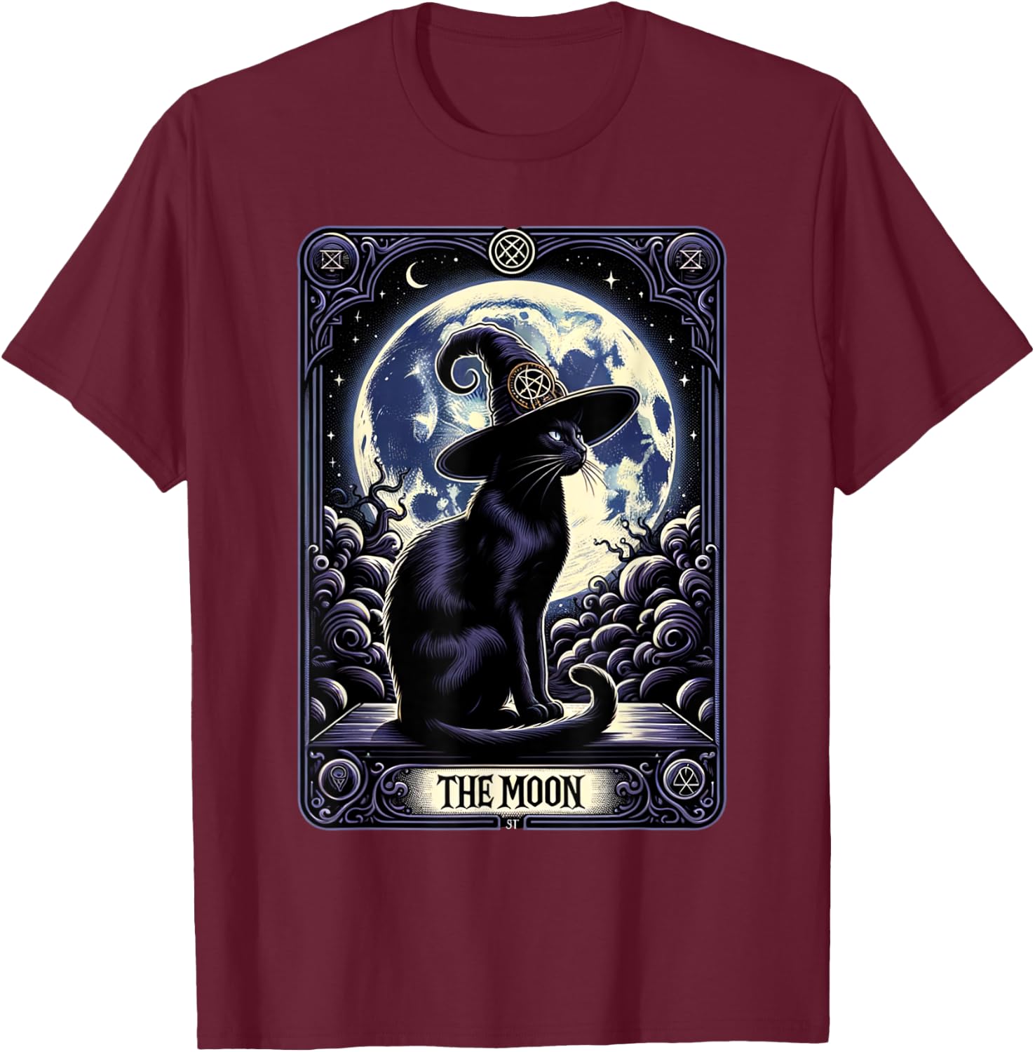 Vintage Tarot Card Style Crescent Moon & Witch Hat Black Cat Men Women T-Shirt - T-Shirt | Maroon